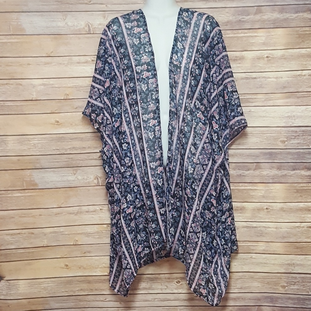 Sheer Black & Pink Floral Striped Kimono, Kimonos